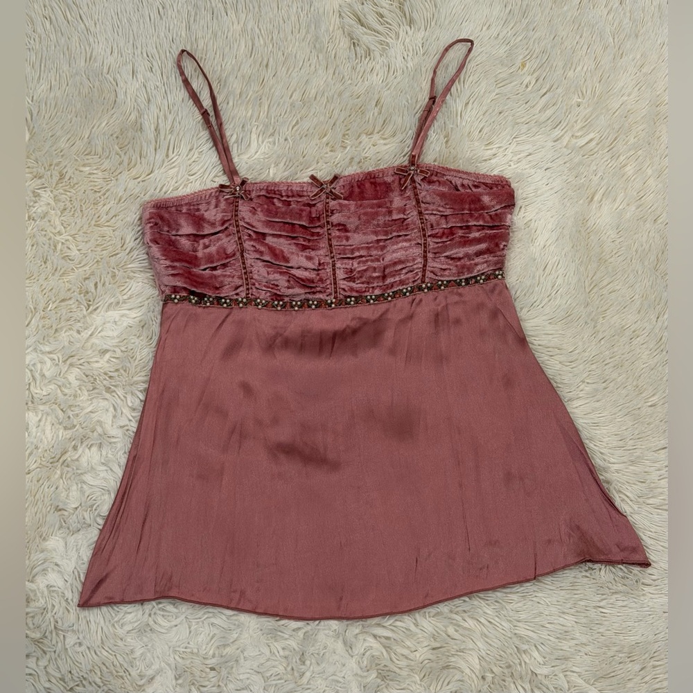 NEW Y2K Vintage Charlotte Russe Cami Top Medium Pink‎ Satin Velvet Coquette Bows